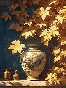 树叶中的花瓶图片