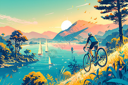 湖畔骑行之旅背景图片