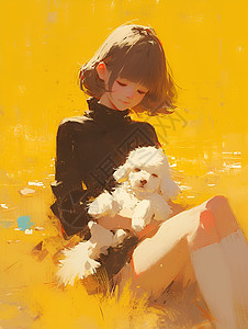草地上的女孩和狗图片