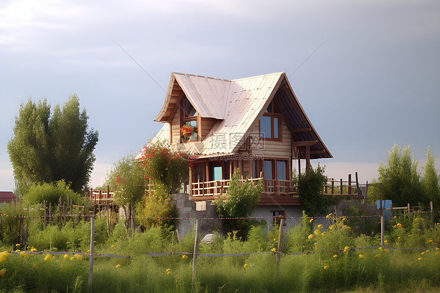 草地上的木质小屋图片