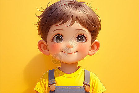 短发小男孩在黄色墙前微笑插画