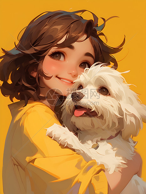 可爱动漫女孩抱着小狗在黄色背景前微笑图片
