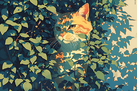 躲在树丛中的猫咪图片