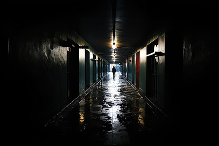 黑夜中长廊的一盏灯图片