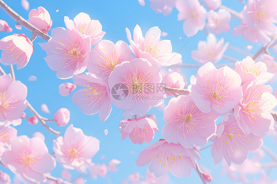春日浪漫粉色桃花绽放微光洒落花瓣间图片