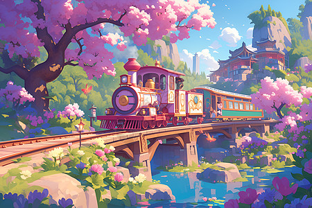 粉色火车穿行在春日美景中高清图片