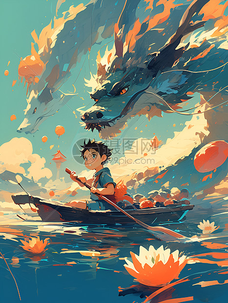 巨龙和划船的小男孩图片