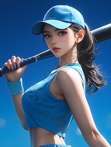 蓝衣棒球女子图片