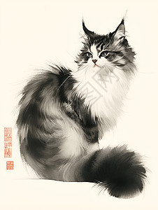 水墨风格的猫咪插画高清图片