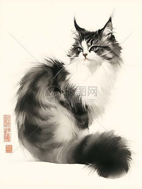 水墨风格的猫咪插画图片