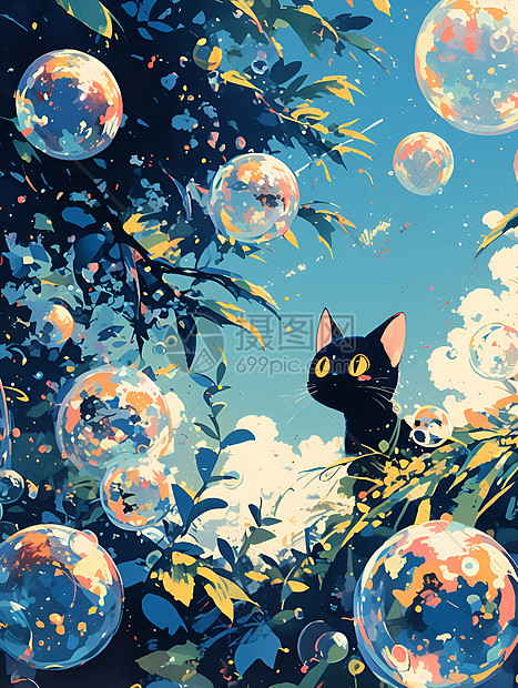 气泡里的黑猫图片