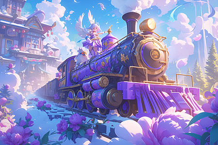紫色火车穿过繁花图片