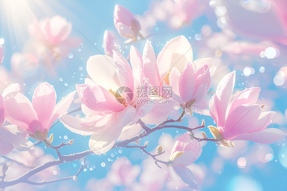 春日花海绽放于蓝天下图片