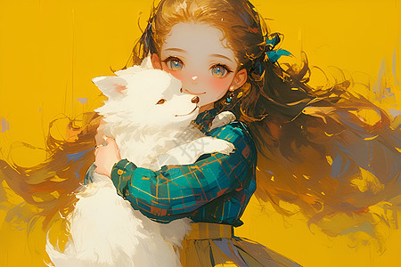 女孩抱着小白狗图片