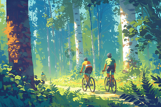 森林中探索的骑车者图片