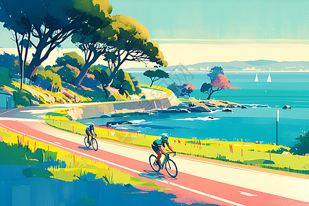 道路上骑自行车的人物插画图片