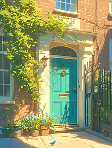 柔和春日蓝门与砖房图片