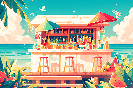 海滩上的热带鸡尾酒酒吧图片