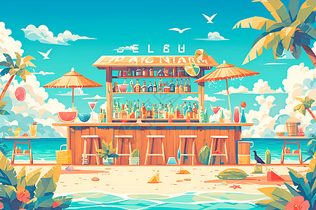海滩上的热带鸡尾酒小吧台插画