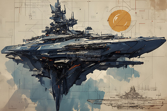 复古风格设计的星际战舰蓝图图片