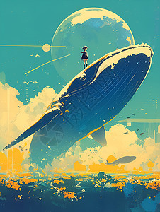 少女骑鲸插画图片