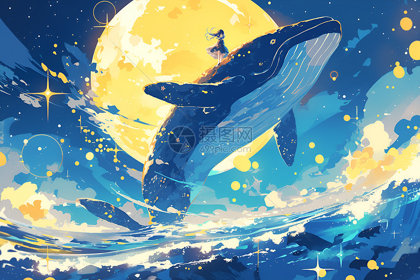 少女与巨鲸舞动的夜空图片