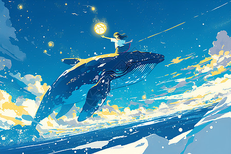 星空下少女骑着蓝鲸图片