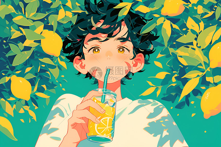 男孩喝柠檬水图片
