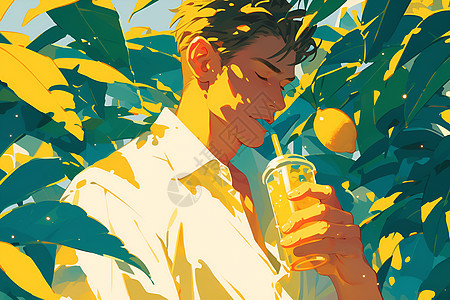 夏日树下喝饮料的男人图片