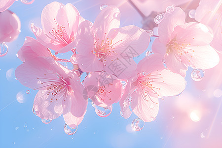 樱花公园蓝天下绽放的樱花插画