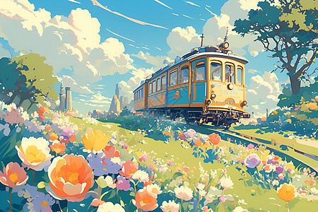 梦幻火车穿过花海图片
