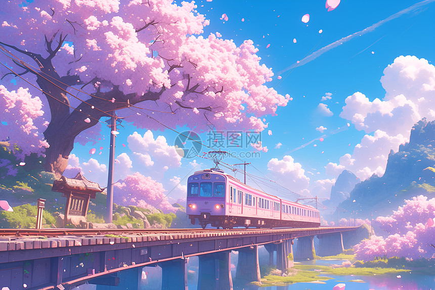 紫色火车穿过樱花树图片