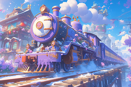 紫色火车穿梭城市图片