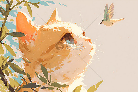 阳光里的猫咪和小鸟图片