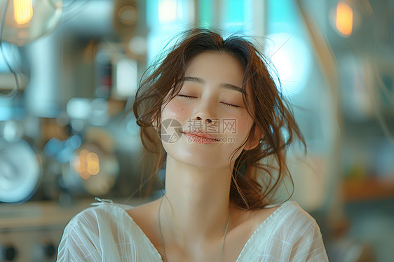 闭眼微笑的中国女性图片