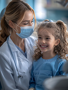 女孩与牙医在牙医椅上的互动图片
