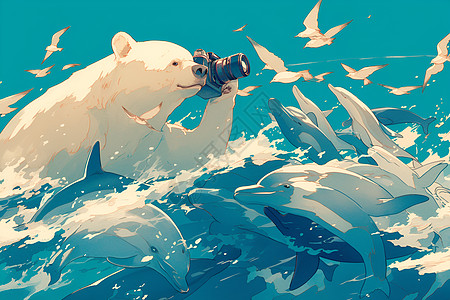 北极熊用相机拍摄海豚图片