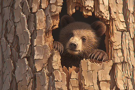 树洞中窥视的小熊图片