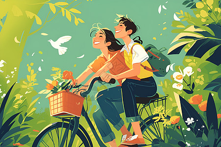 青年男女骑自行车穿越森林图片