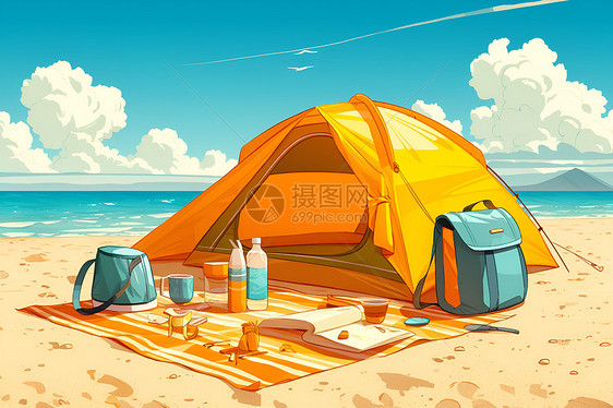 沙滩上的帐篷与露营装备图片