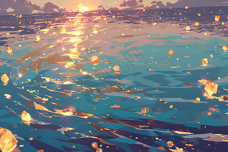 反射夕阳余晖洒在水面上插画