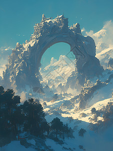 寒雪笼罩下的巍峨石拱门图片