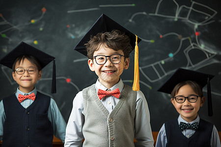 黑板前戴着学士帽的小学生图片