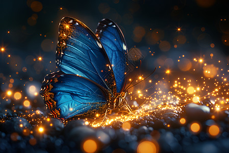 金光中飞舞的蓝色蝴蝶图片