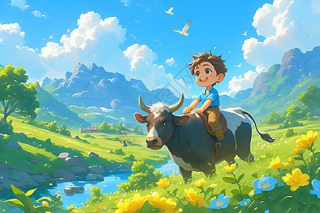 少年骑牛过花海背景图片