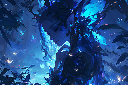 神秘森林中的蓝发仙灵图片