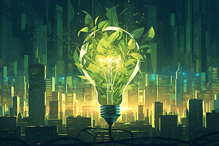 城市里一盏绿色能量灯泡图片