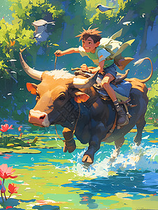 少年骑牛过江的插画图片