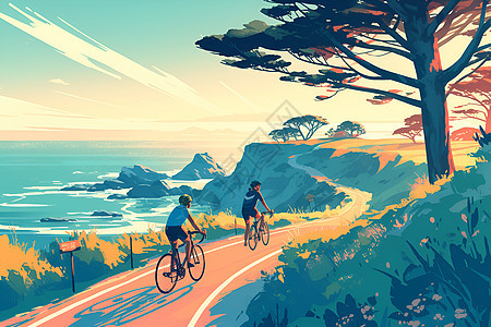 海边小径上的自行车手图片