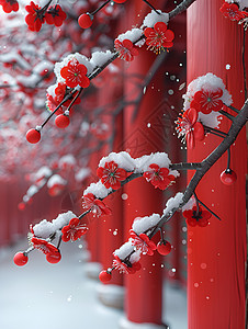 红墙雪中梅花图片